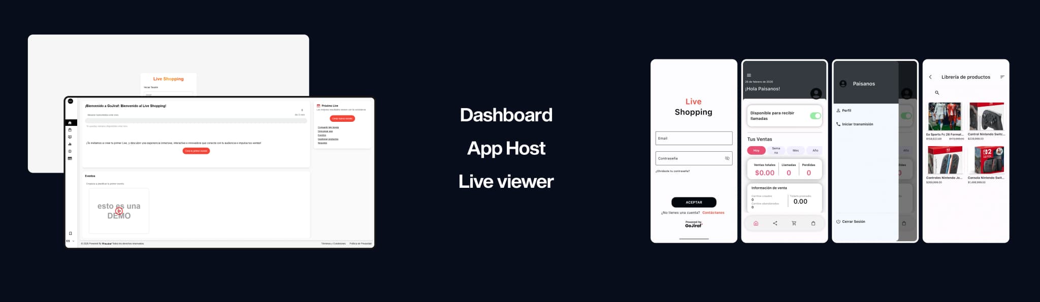 Gojiraf â€” platform overview: dashboard, host app and live viewer